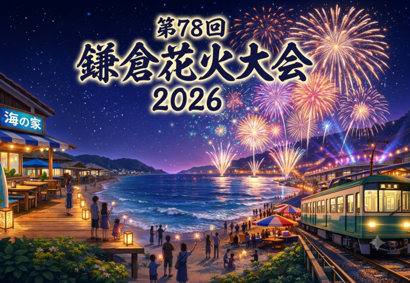 第78回鎌倉花火大会2026の夜の由比ガ浜で、海の家と江ノ電を背景に花火が打ち上がる様子のイラスト