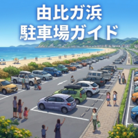 由比ガ浜の海沿い駐車場と海水浴客の様子を描いたイラスト（由比ガ浜駐車場ガイド）
