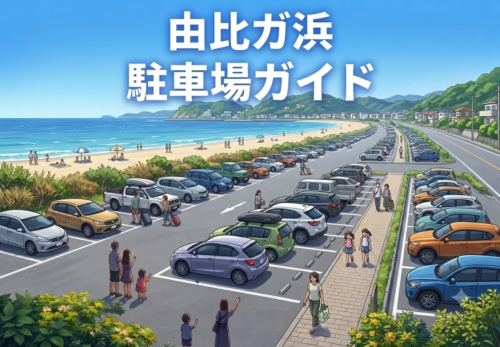 由比ガ浜の海沿い駐車場と海水浴客の様子を描いたイラスト（由比ガ浜駐車場ガイド）