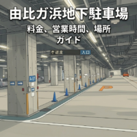 由比ガ浜地下駐車場の内部と案内記事のアイキャッチ画像（2026年版）