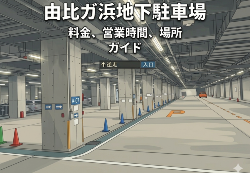 由比ガ浜地下駐車場の内部と案内記事のアイキャッチ画像（2026年版）