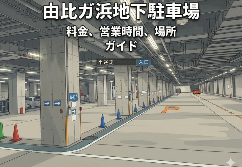 由比ガ浜地下駐車場の内部と案内記事のアイキャッチ画像（2026年版）